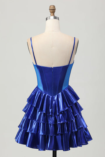 Sparkly Royal Blue Metallic Ruffled Short Corset Cocktail Dress with Bows